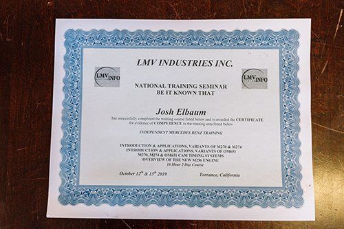 Certificate from LMV Industries Inc. for Josh Elfbaum, from a National Training Seminar, Torrance, California.