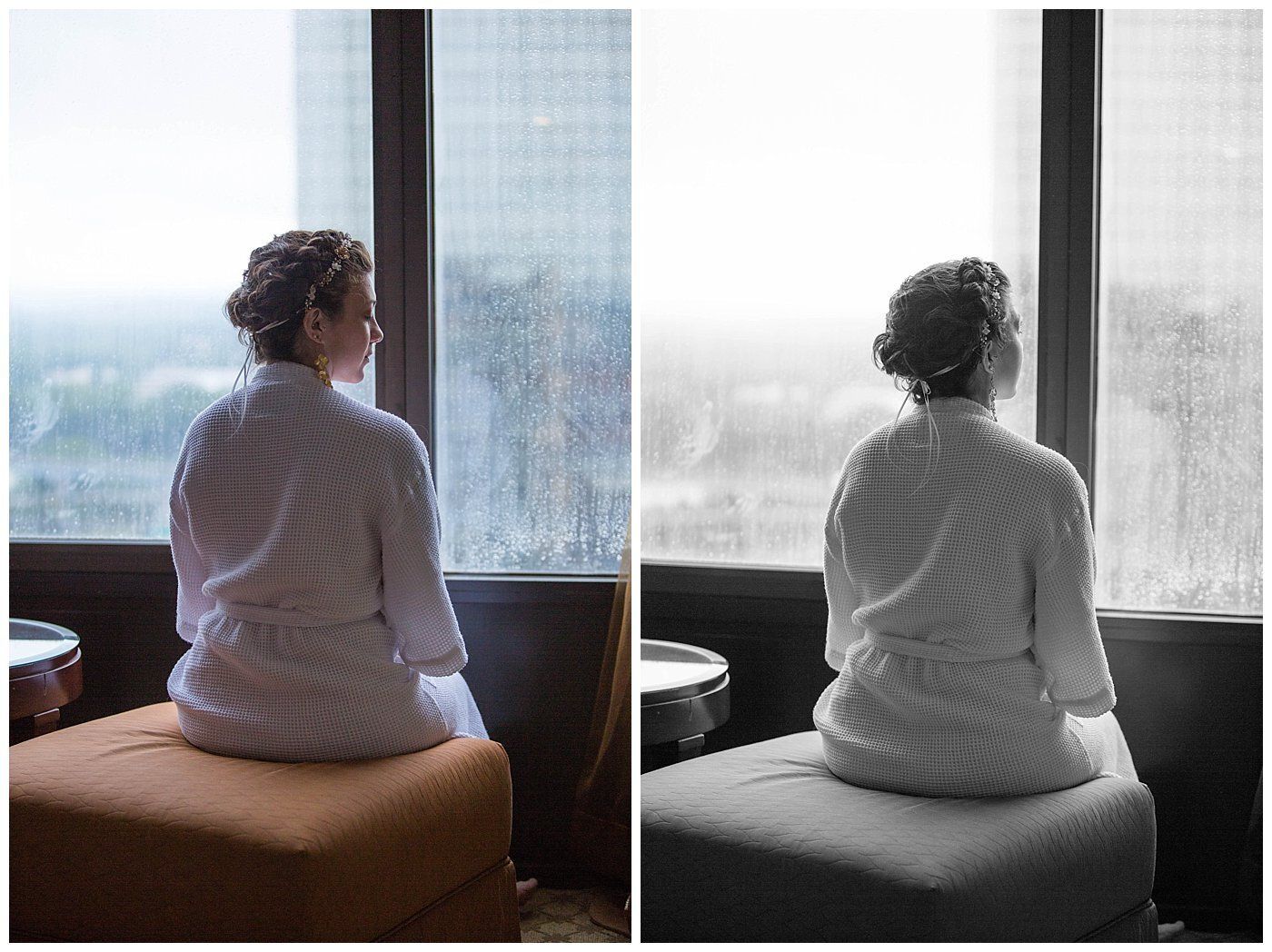 Side-by-side photo of a person sitting by a window, one in color and one in black and white.