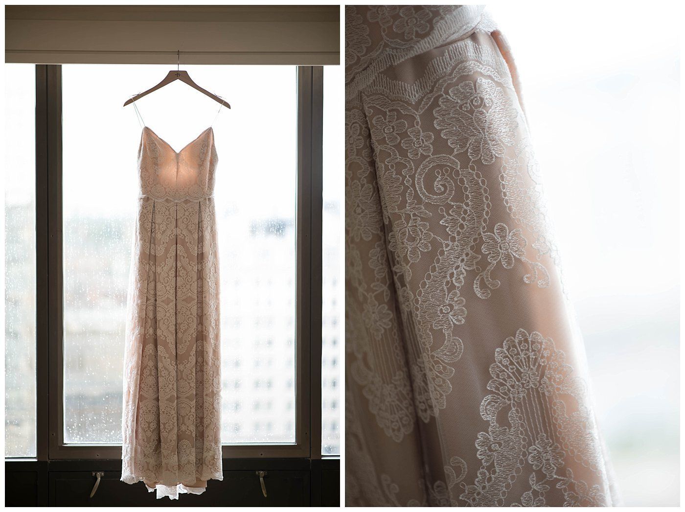 Beige lace dress hanging in a window, with a close-up of the embroidered fabric detail.