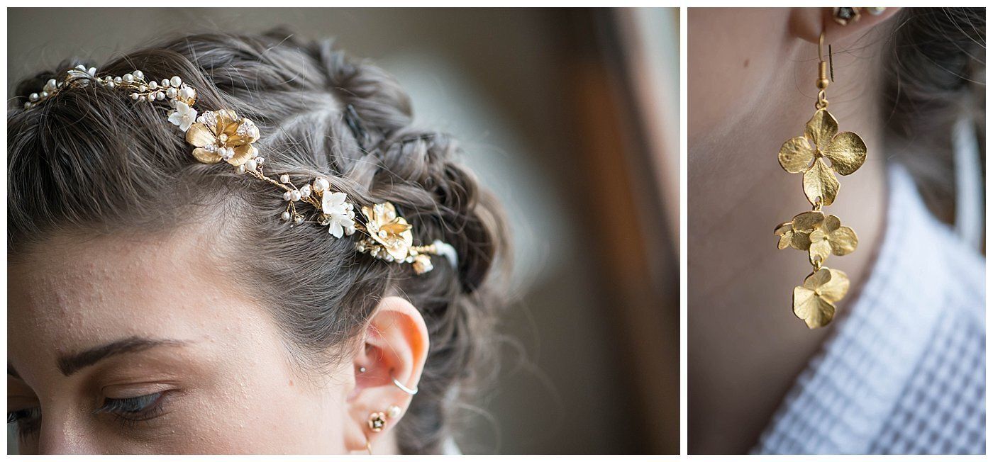 Close-up of braided hair with gold floral headpiece beside a dangling gold earring