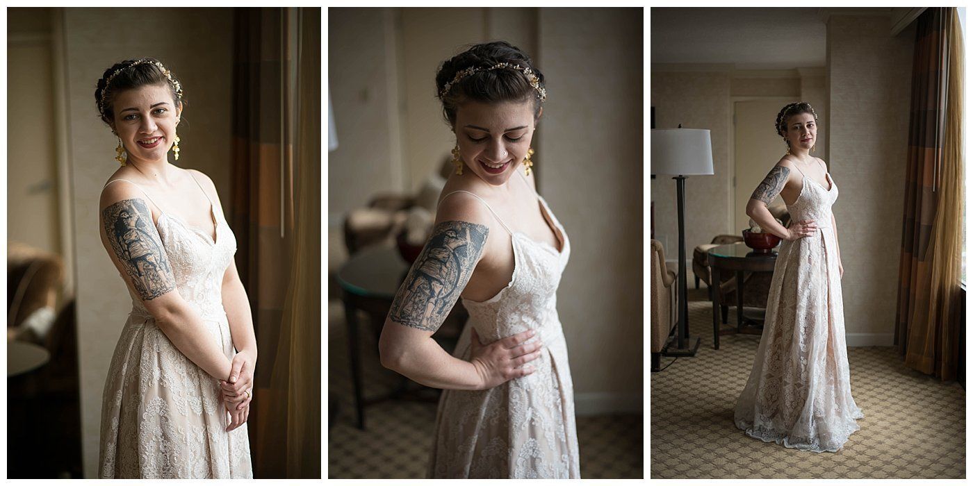 Bride in a white lace wedding dress posing in a room, shown in three angles.