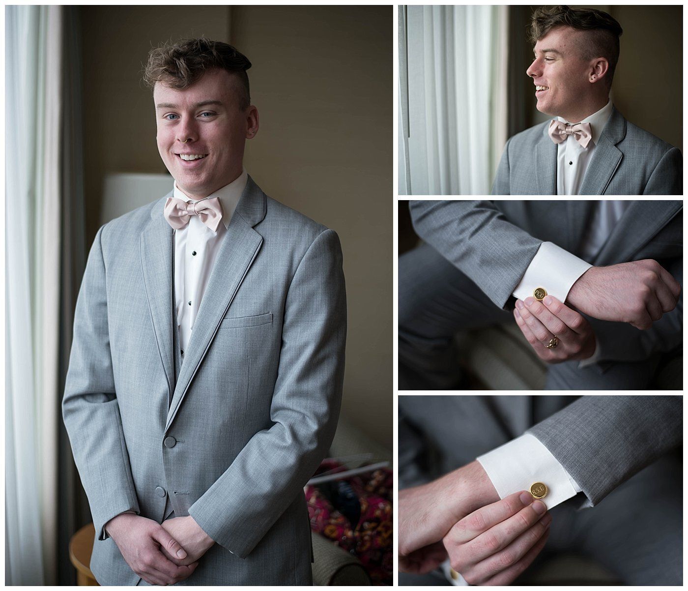 Man in a light gray suit adjusting cufflinks, shown in a collage of portrait close-ups.