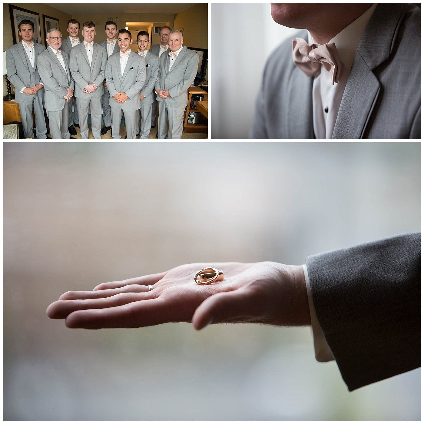 Man in gray suit with flower pin, shown in group portrait and close-up of hand holding a ring