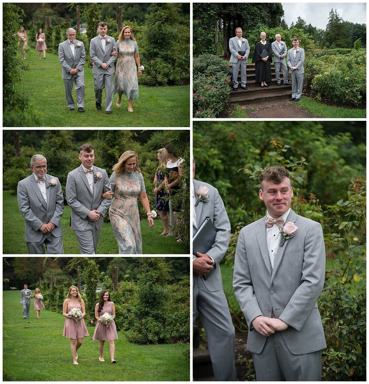 Wedding party in gray suits and dresses posing outdoors in a garden near a wooden bench