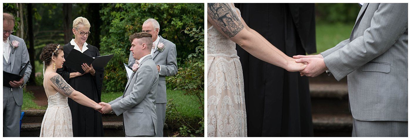 Wedding couple holding hands during a ceremony, with an officiant nearby
