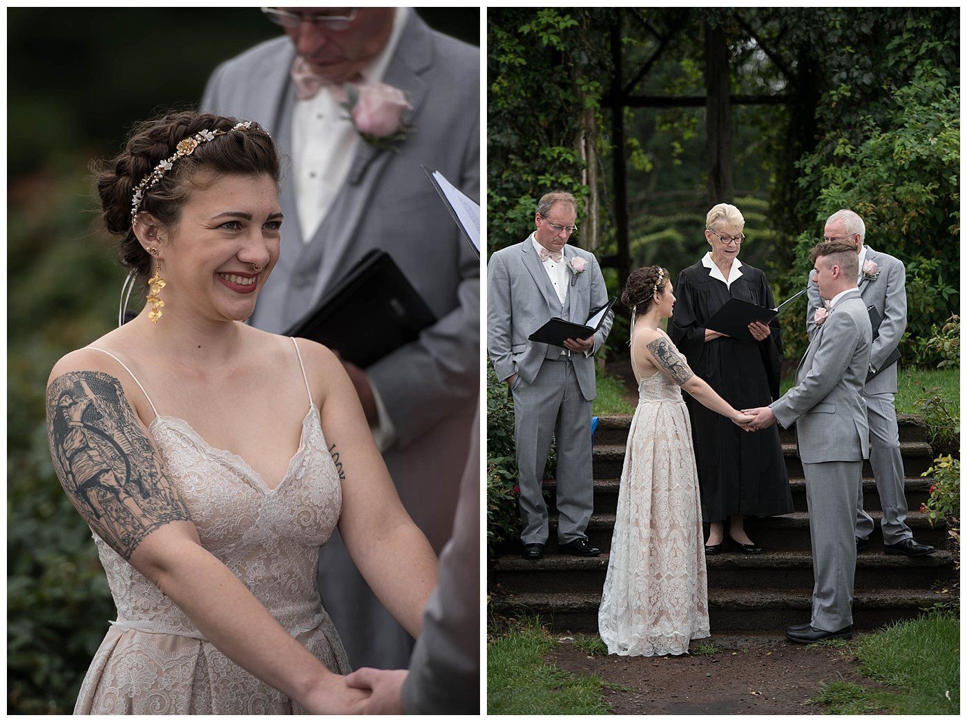 Bride in lace dress smiling at outdoor wedding ceremony with officiant and guests