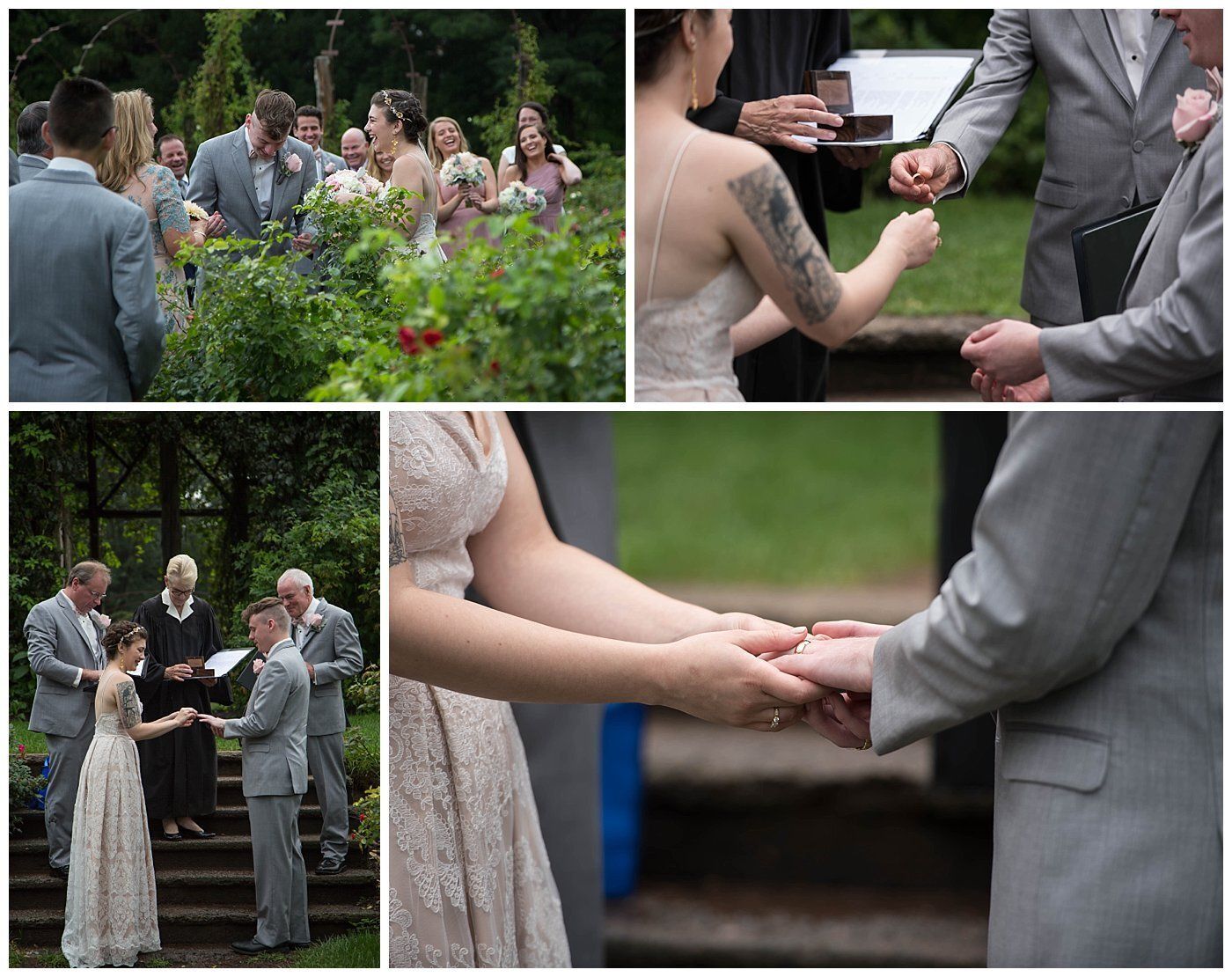 Wedding guests and couple outdoors, exchanging vows and holding hands in a garden ceremony.