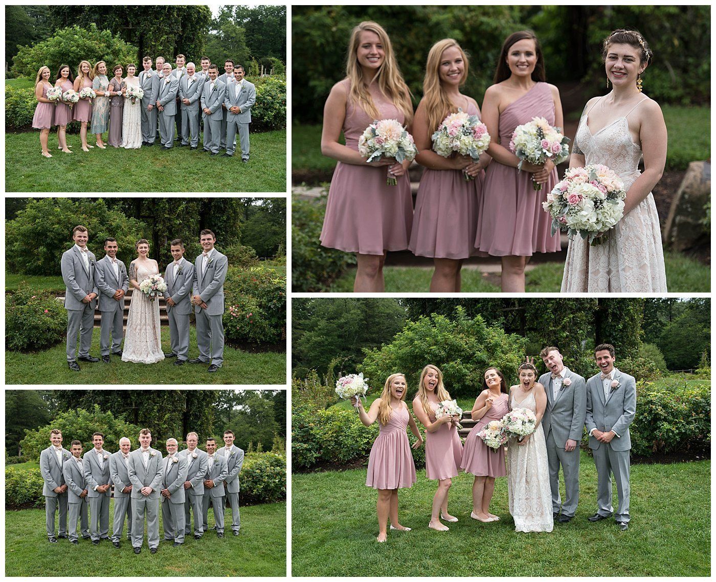 Wedding party portraits outdoors in gray suits and blush dresses, with bride holding a bouquet