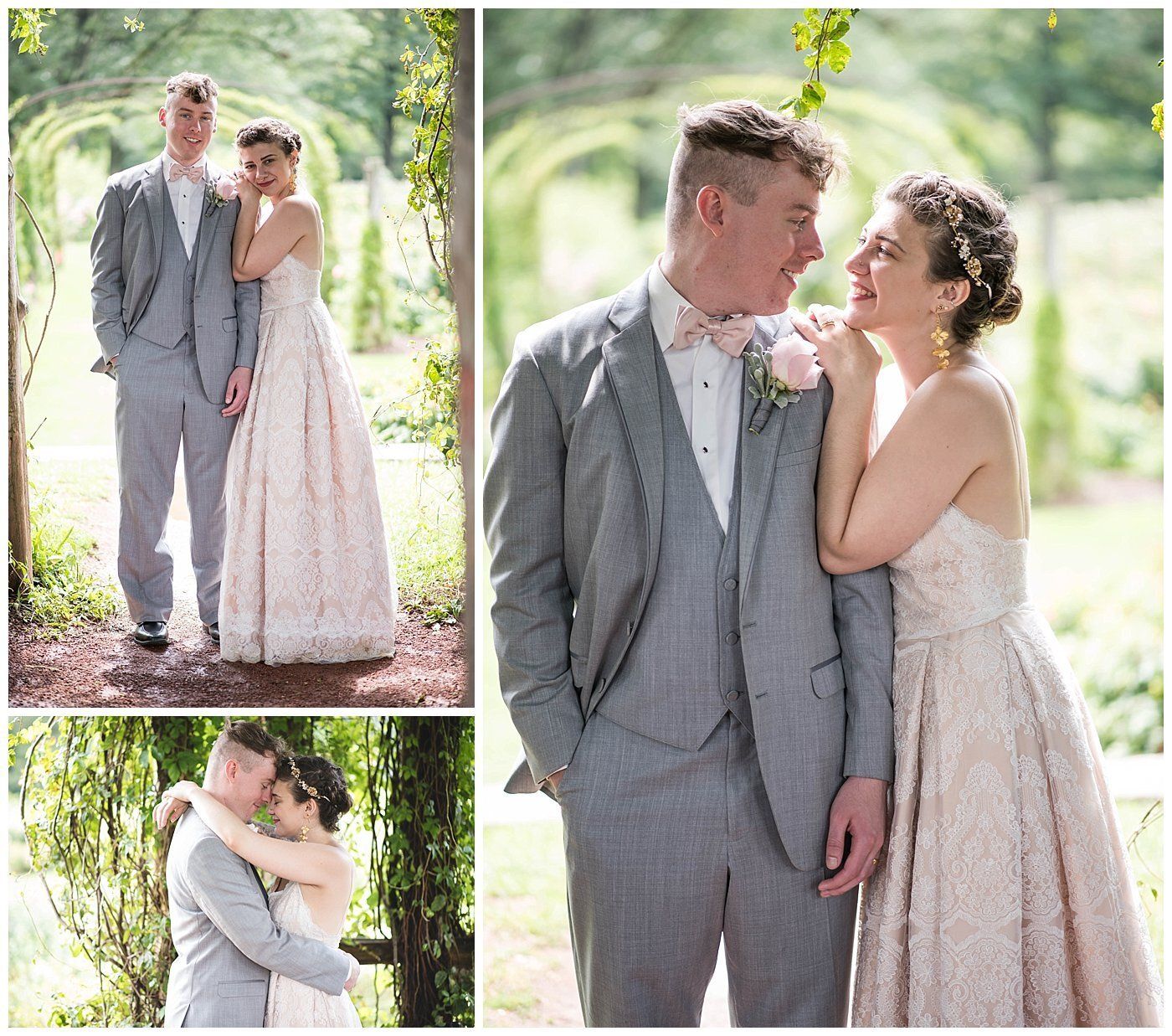 Wedding couple in light gray and blush attire sharing a kiss and posing outdoors in sunlight