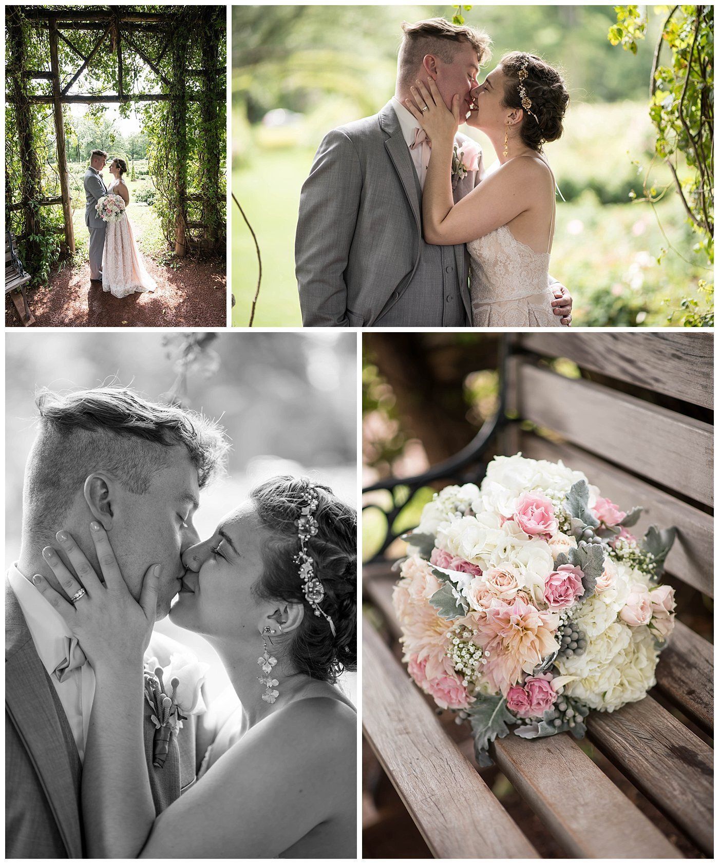 Wedding collage of a couple kissing, walking under an arbor, and a pastel bouquet on a bench