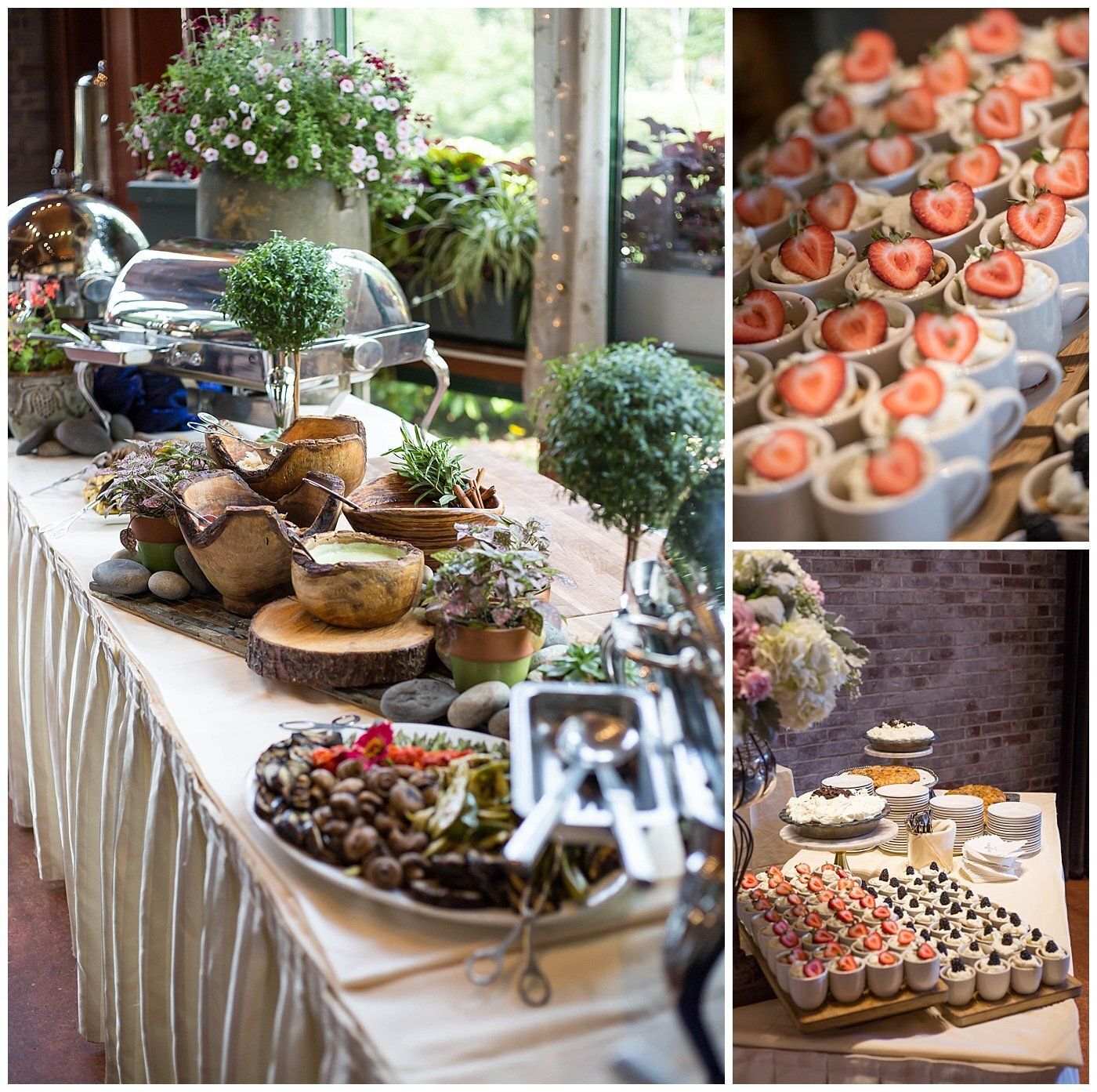 Elegant buffet table with assorted desserts, fruit tarts, and hors d’oeuvres in a bright dining setting