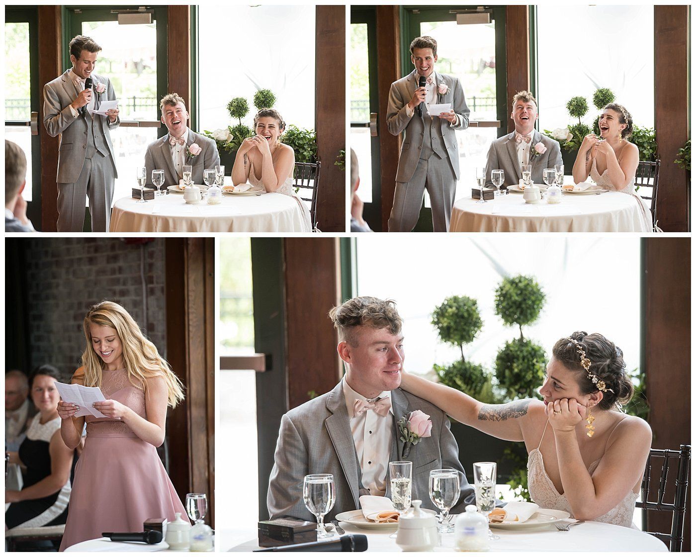 Wedding reception toast and cake-smearing, with guests smiling at a table near a window.