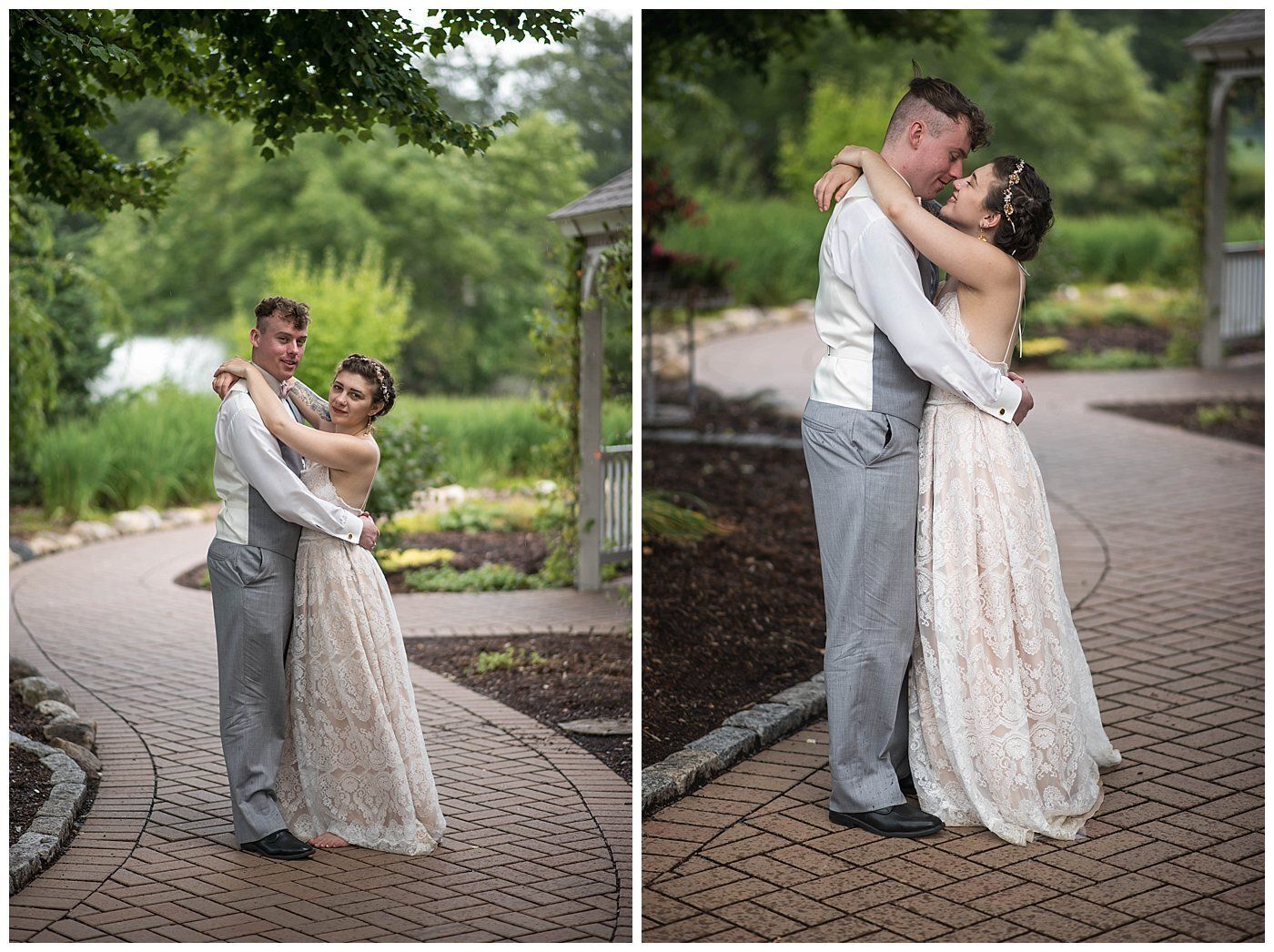 Couple embracing in a tree-lined park on a brick path, with two posed wedding photos side by side