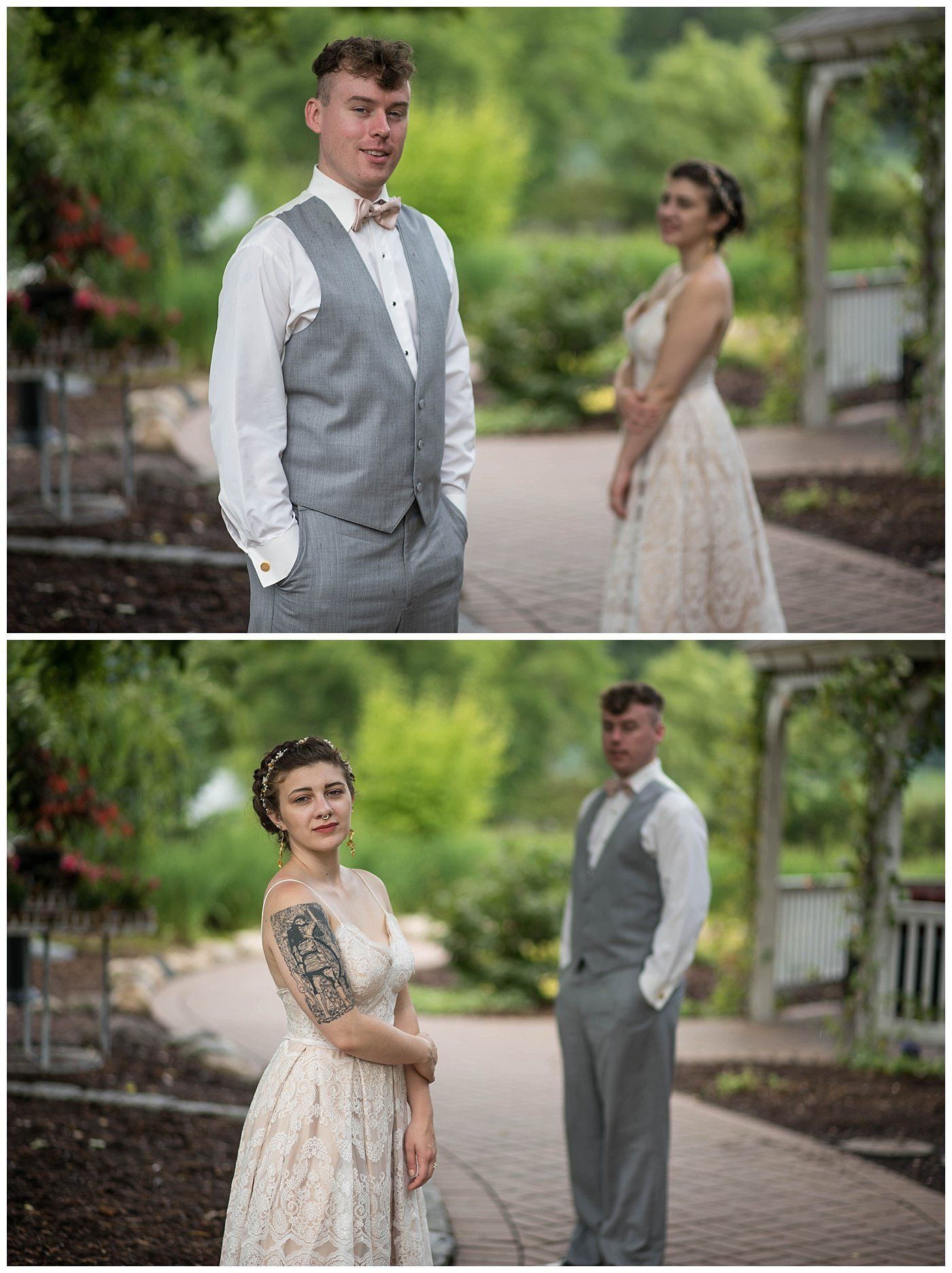 Two wedding portraits of a couple outdoors in formal attire on a garden path.
