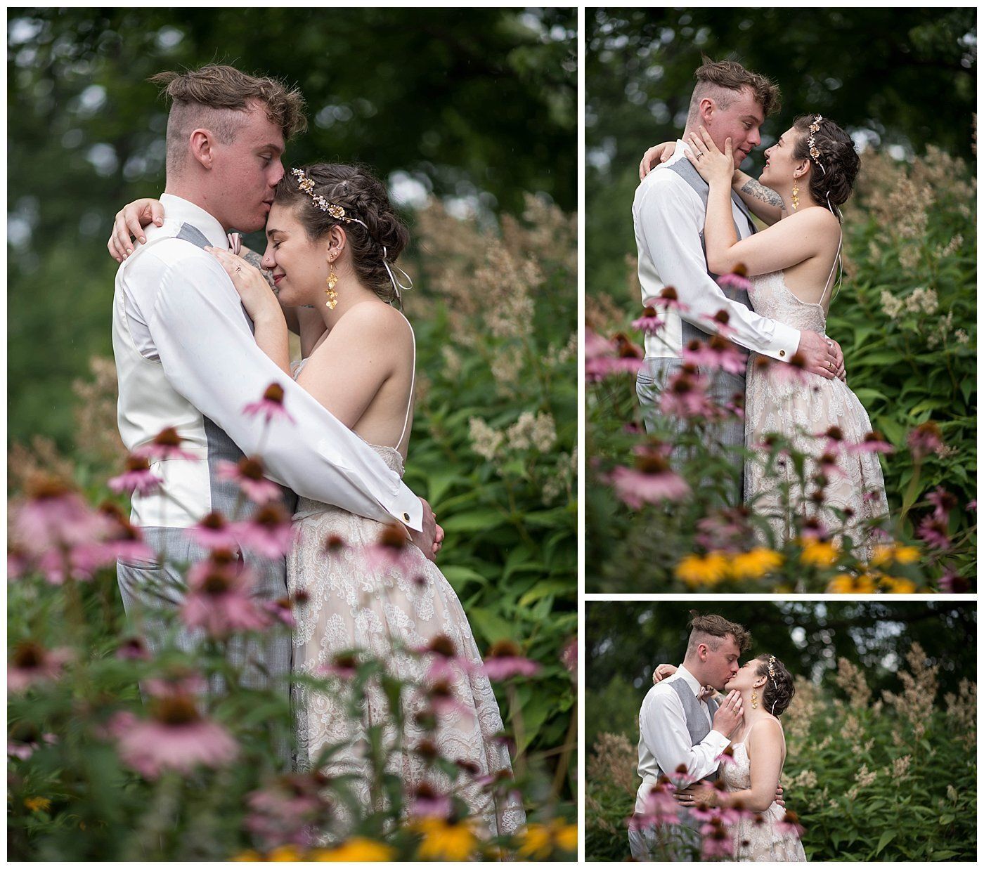 Couple embracing in a garden, surrounded by pink flowers and greenery.
