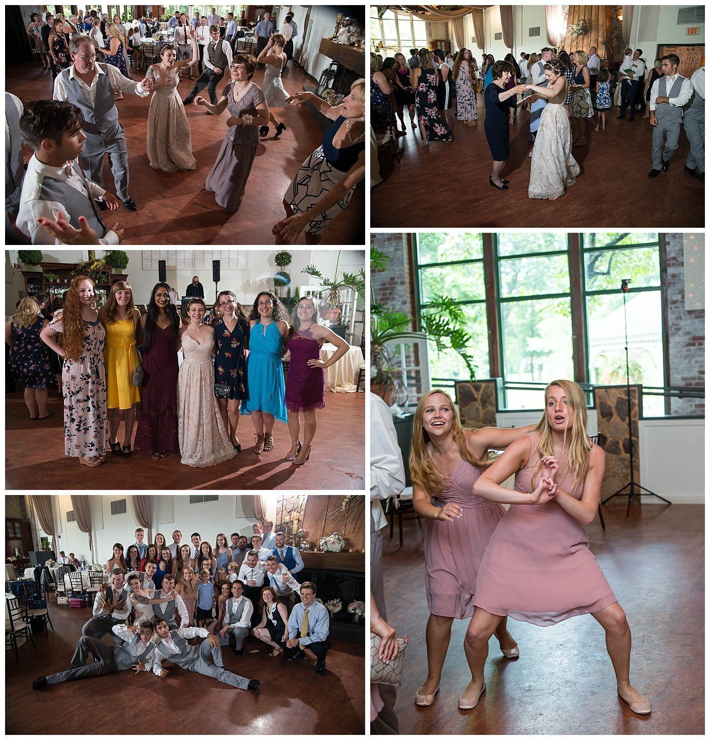 Guests dancing and posing at a formal indoor celebration in a bright hall