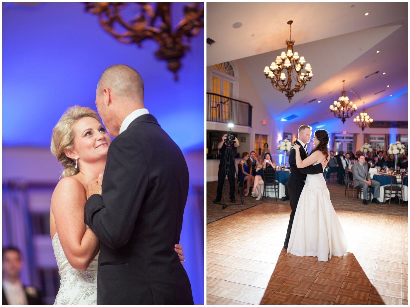 Bride and groom slow-dancing at a wedding reception under chandeliers