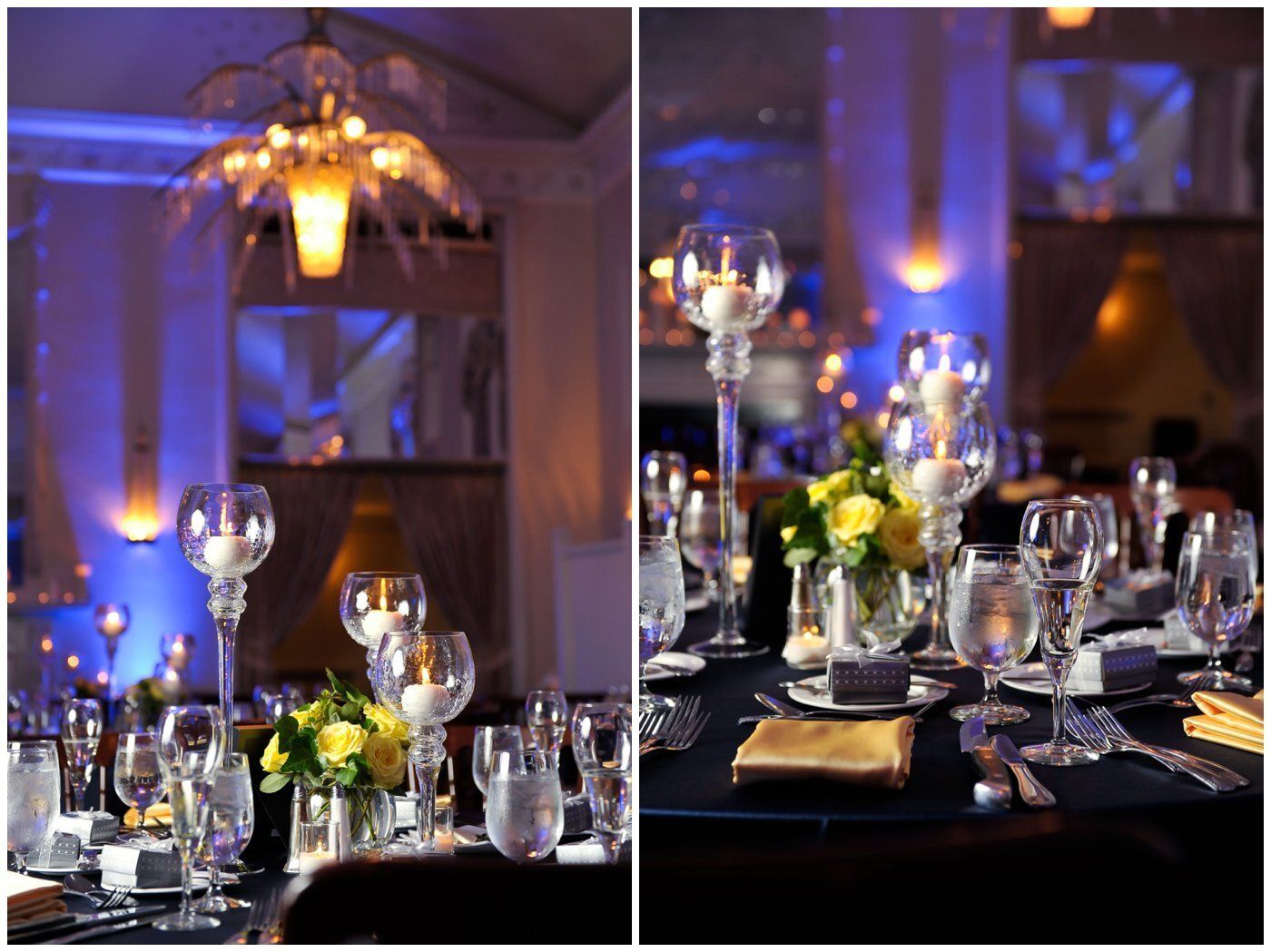 Elegant banquet tables set with glassware, candles, and yellow floral centerpieces in a softly lit room