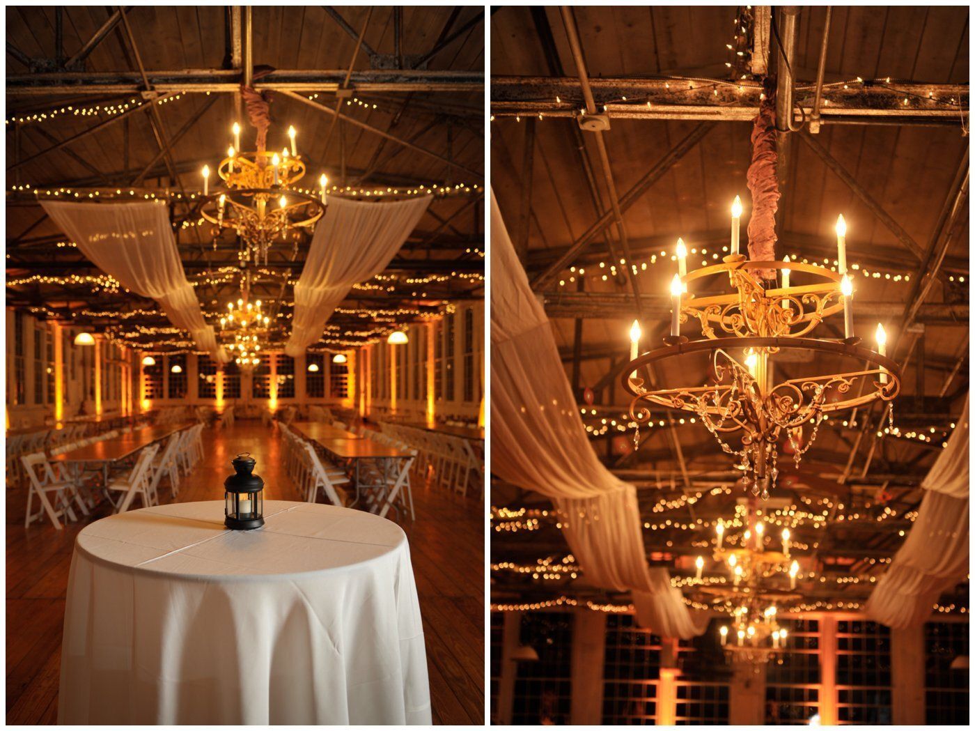 Elegant banquet hall with chandeliers, draped fabric, and a candlelit table centerpiece