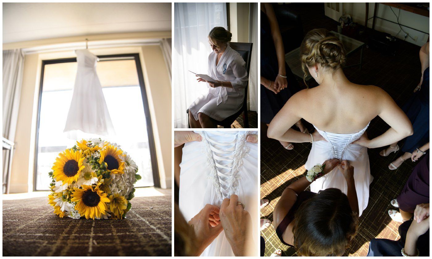 Wedding dress and sunflower bouquet collage showing bride getting ready and being laced into her gown