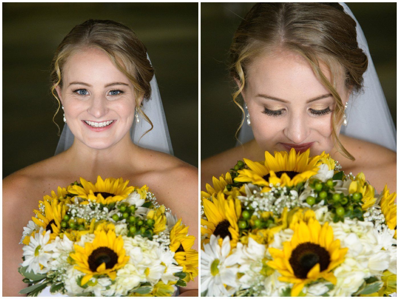 Bride holding a bouquet of sunflowers and white flowers, smiling in one portrait and looking down in another