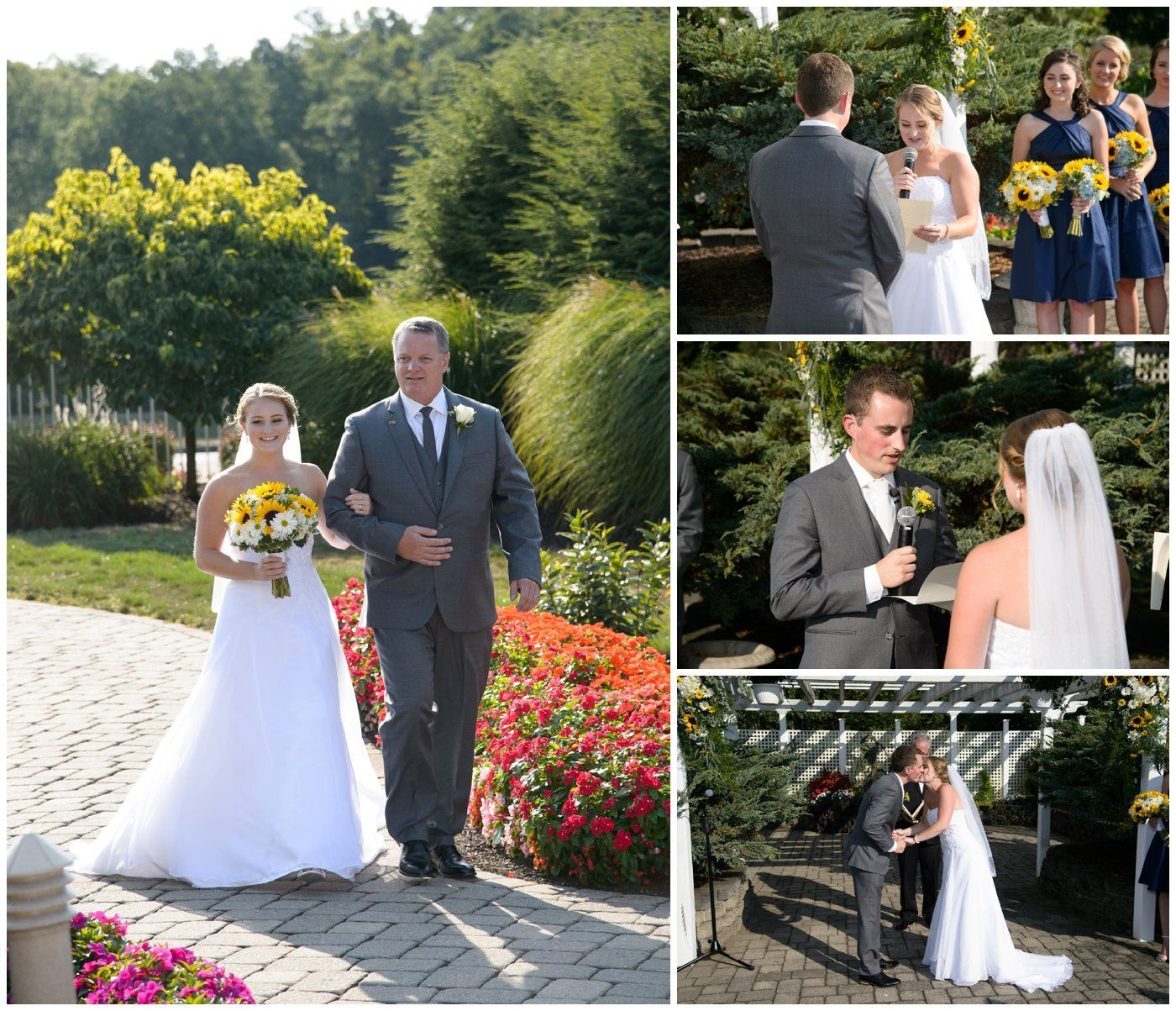 Wedding collage: bride with bouquet and groom in garden; smaller scenes show ceremony and first dance.
