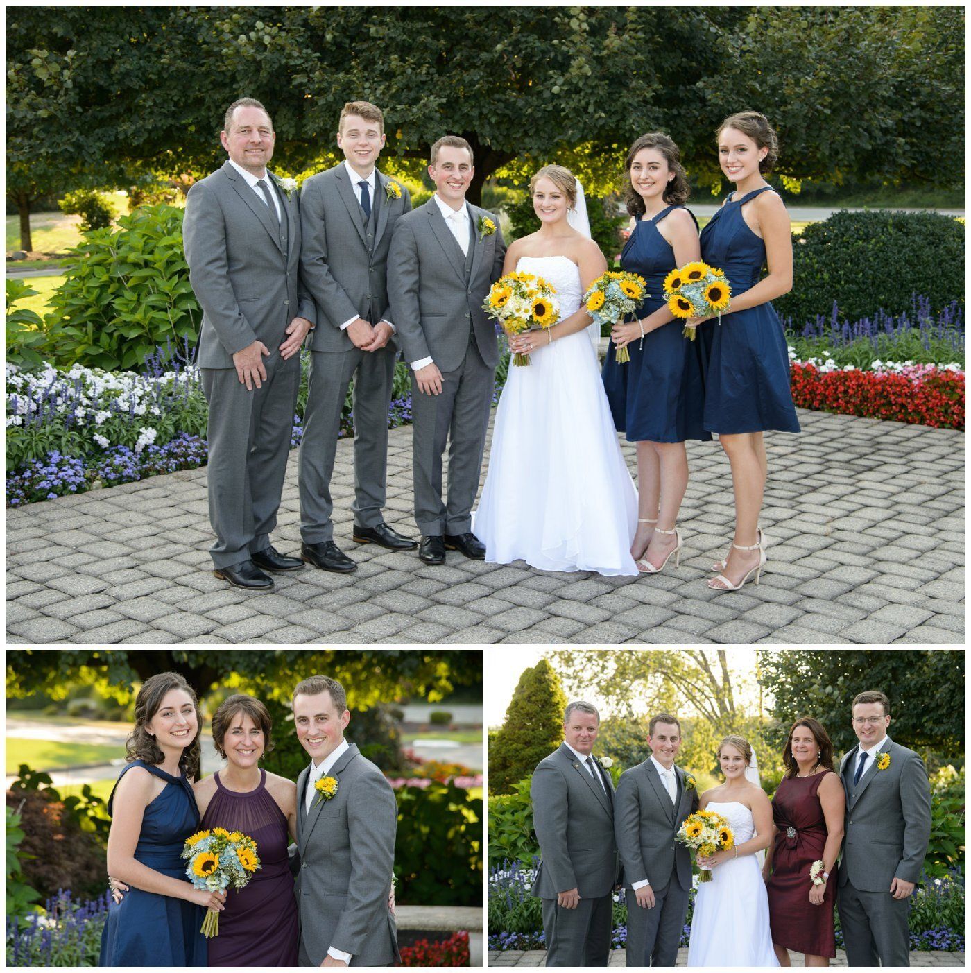 Wedding party posing outdoors, with the bride and groom centered and bridesmaids and groomsmen beside them.