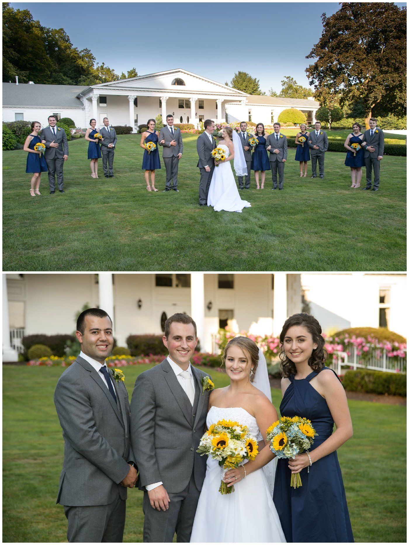 Wedding party posing on a lawn before a white building, with the bride and groom in the center.