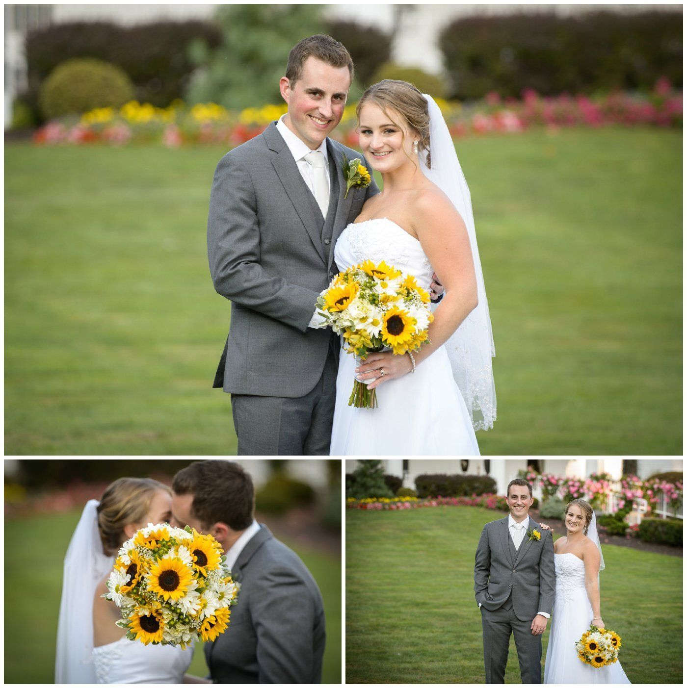 Bride and groom posing in a garden wedding collage, with a sunflower bouquet and close-up kiss scene