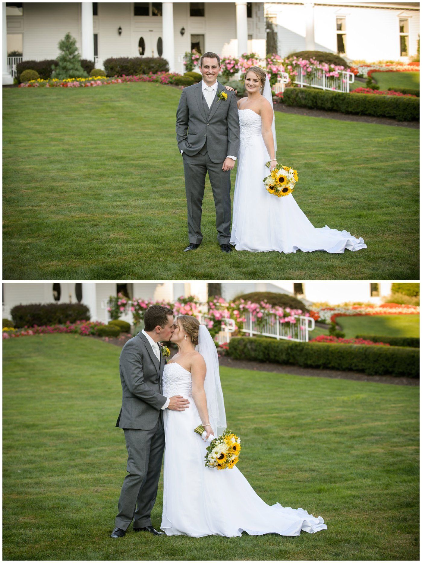 Bride and groom posing in wedding attire on a lawn, with the bride holding a yellow bouquet.