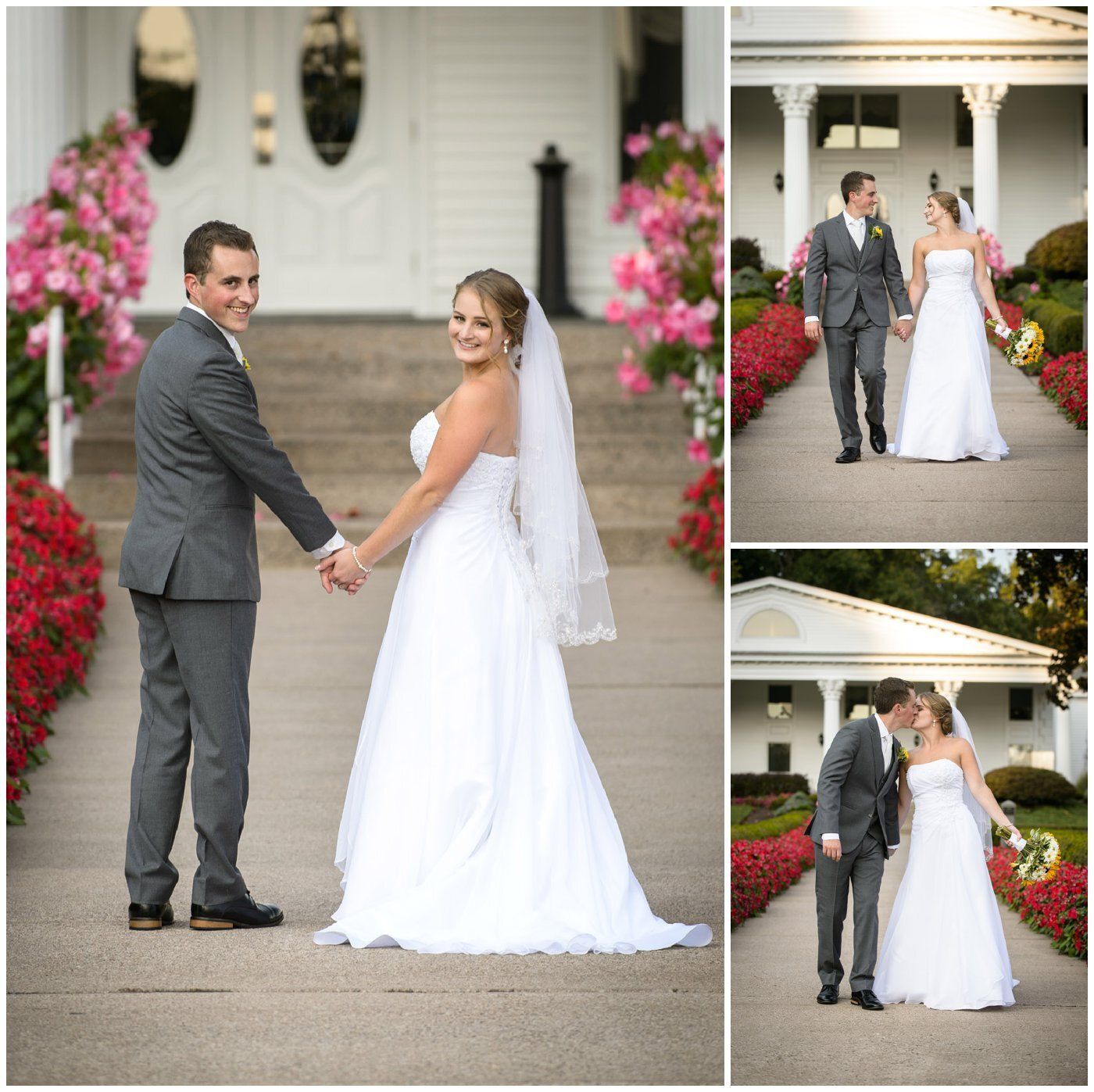 Bride and groom holding hands on steps outside a white house, with pink flowers and wedding portraits inset