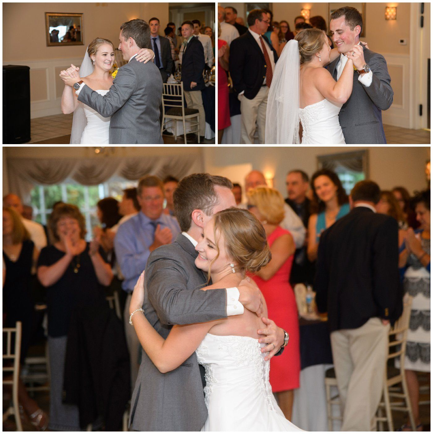 Bride and groom slow-dancing and embracing at a wedding reception