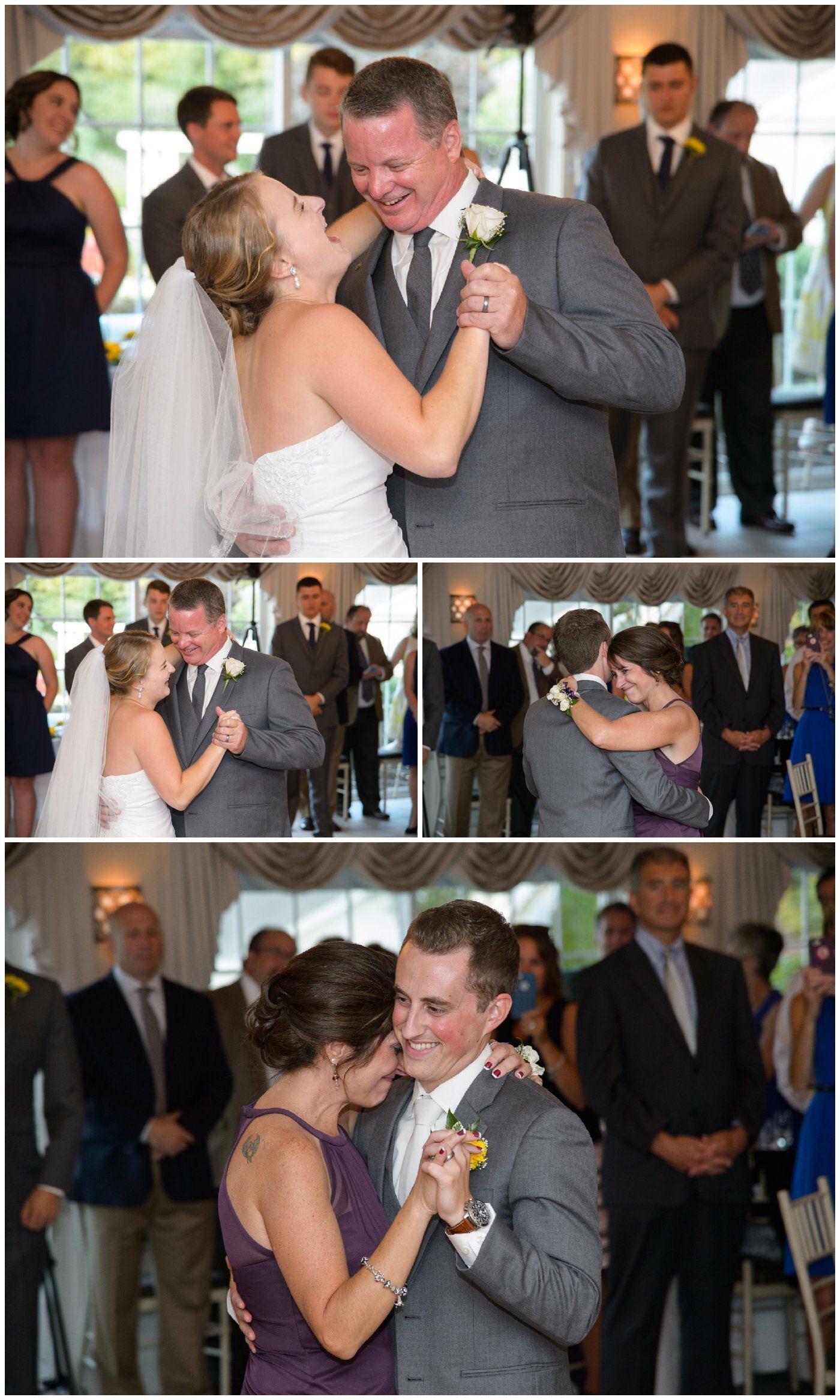 Bride and groom dancing at a wedding reception while guests watch and smile