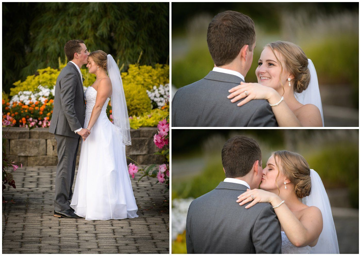 Wedding couple embracing outdoors, with close-up portraits of the bride smiling over the groom’s shoulder.