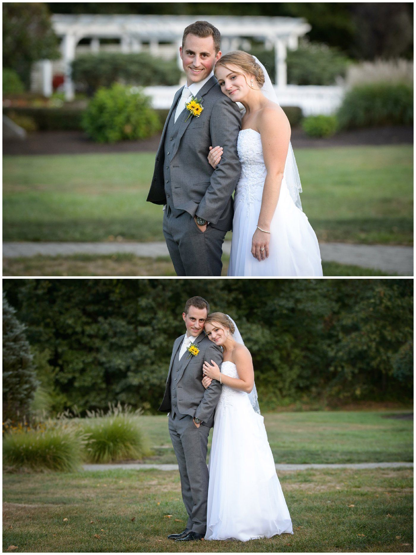 Newlyweds posing outdoors on a lawn, the bride leaning on the groom in matching formalwear.
