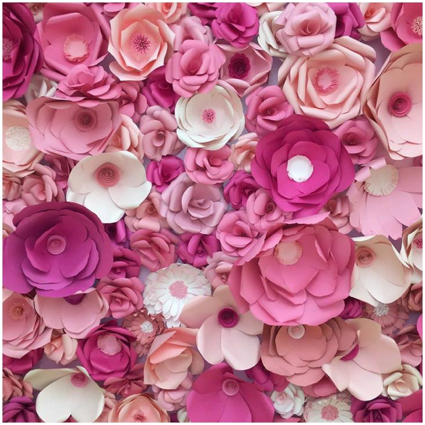 Assorted pink and white paper flowers arranged in a dense floral background