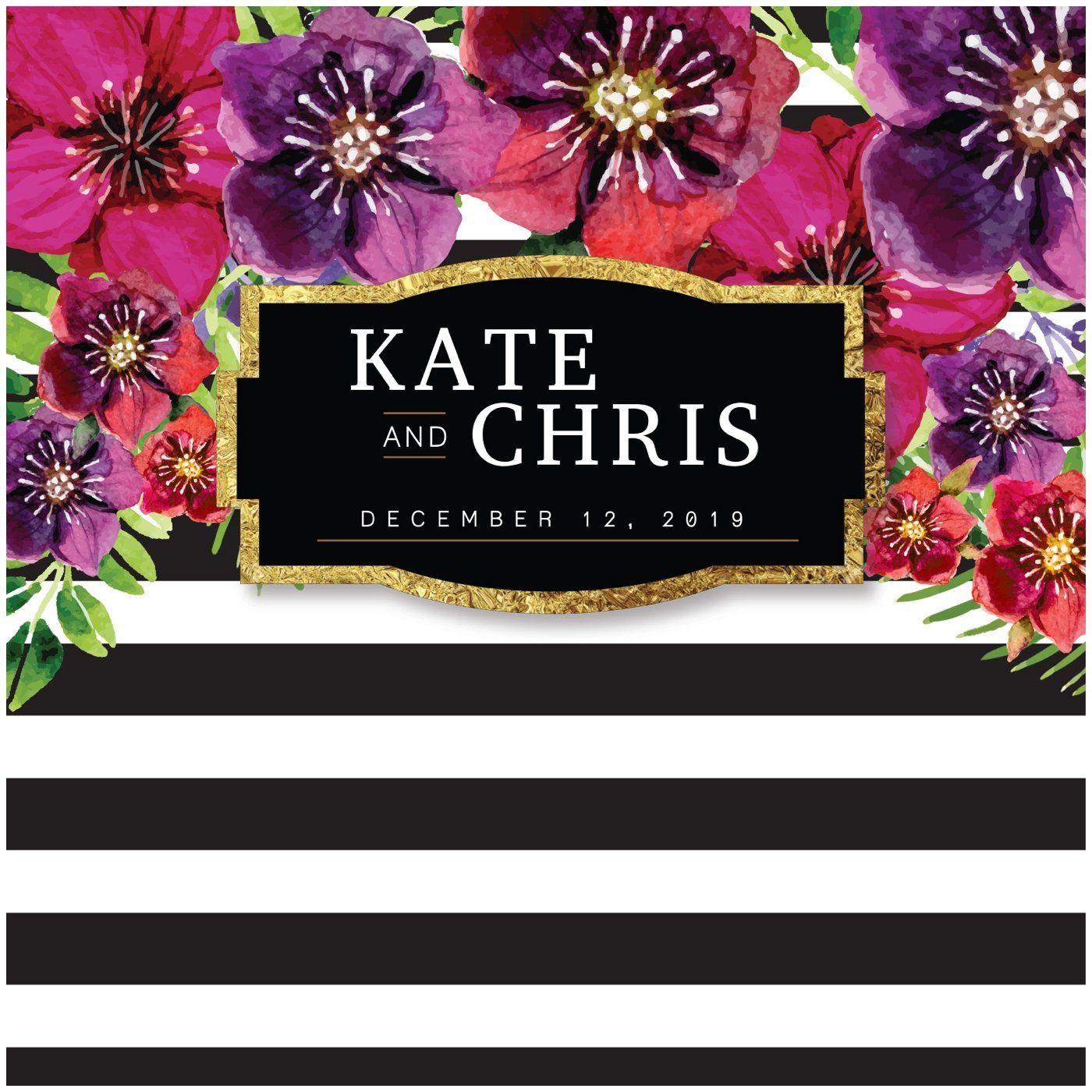 Floral wedding invitation with pink flowers and black-and-white stripes, reading “Kate and Chris” and a date.