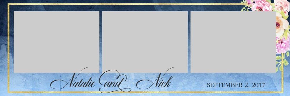 Blue-and-gold three-panel wedding collage with floral corners, “Natalie and Nick,” dated September 2, 2017