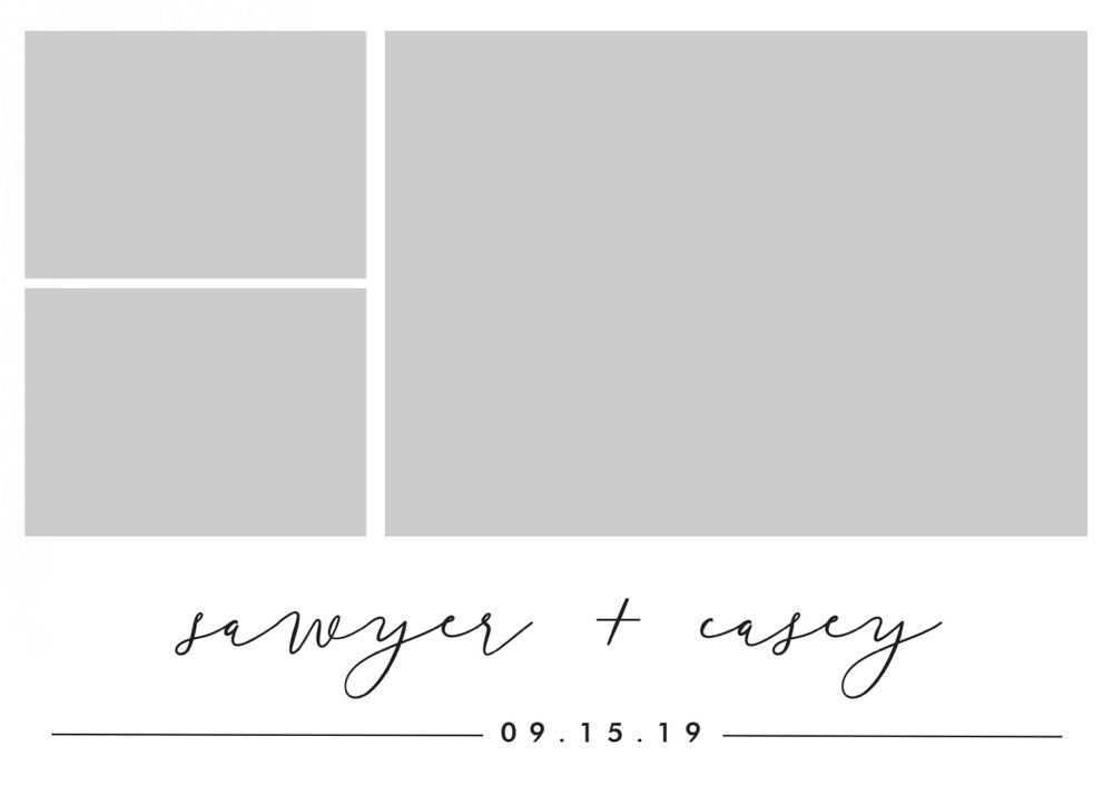 Gray wedding photo collage with cursive names and date, “09.15.19”