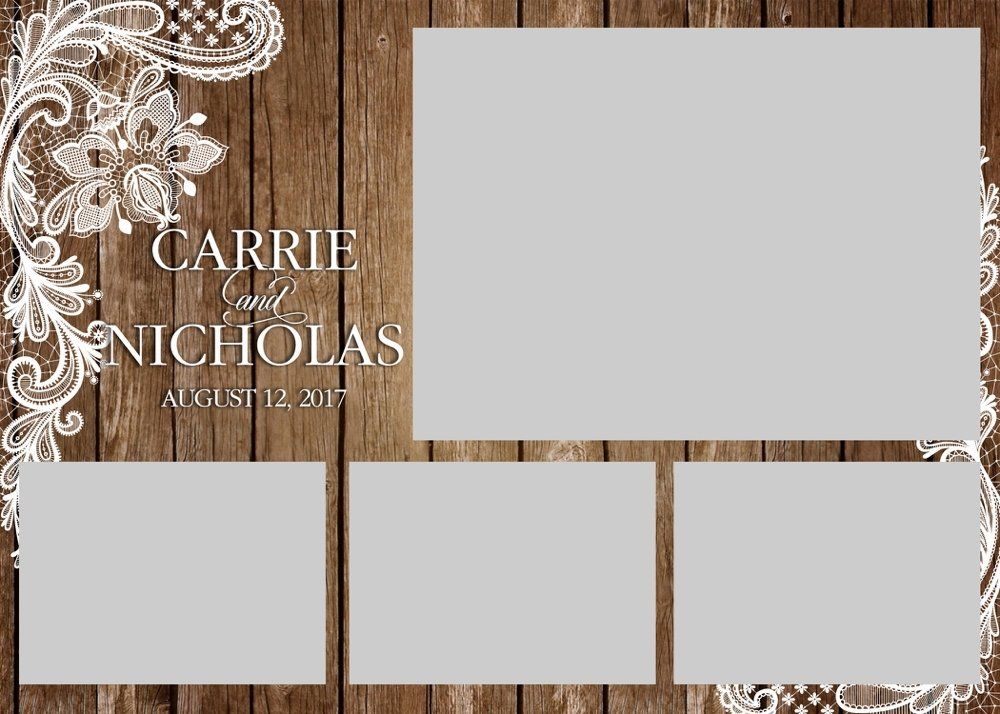 Wedding invitation layout with wood background, white floral border, and four gray photo placeholders