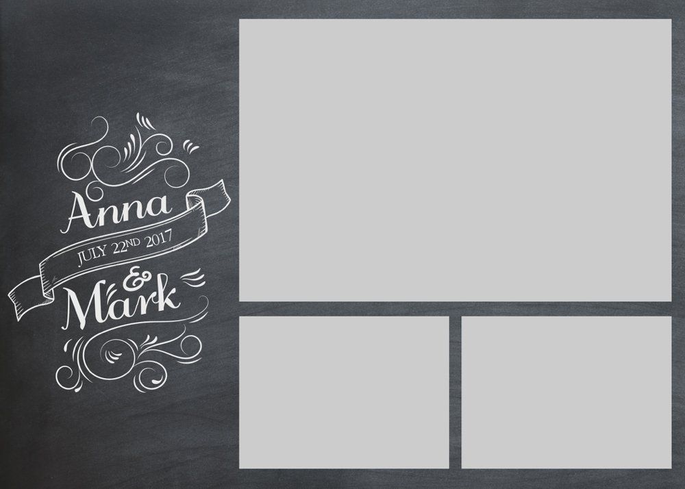 Chalkboard wedding collage template with “Anna & Mark” and three blank photo frames