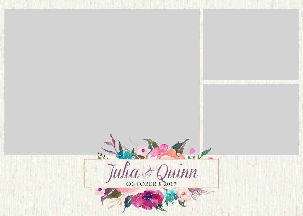 Elegant wedding invitation layout with three gray photo placeholders and floral “Julia & Quinn” banner at bottom