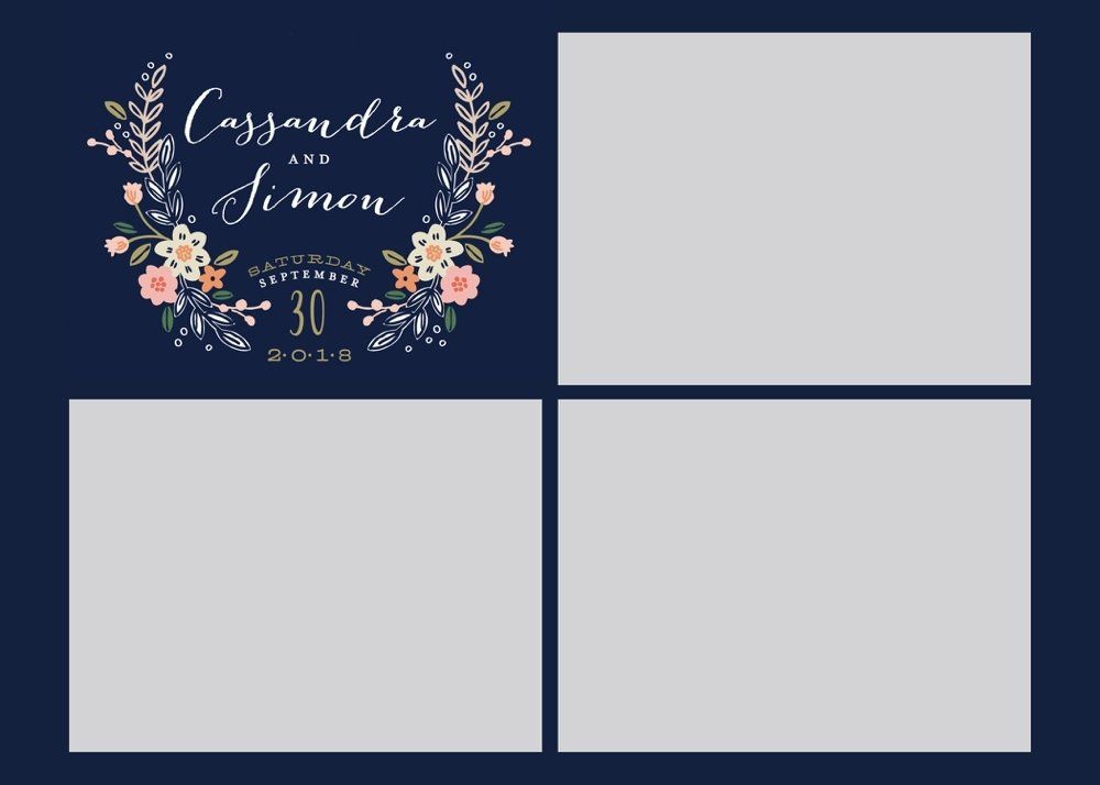 Navy floral baby shower invitation template with name calligraphy and three blank photo boxes