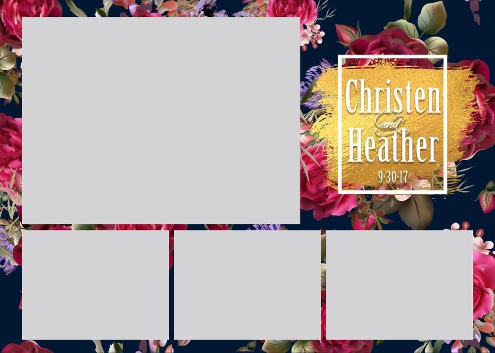 Floral wedding invitation template with gold-framed name panel and blank gray text boxes