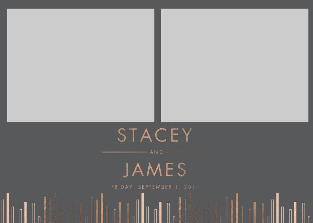 Gray wedding invitation with two blank photo panels and gold text reading “Stacey and James.”
