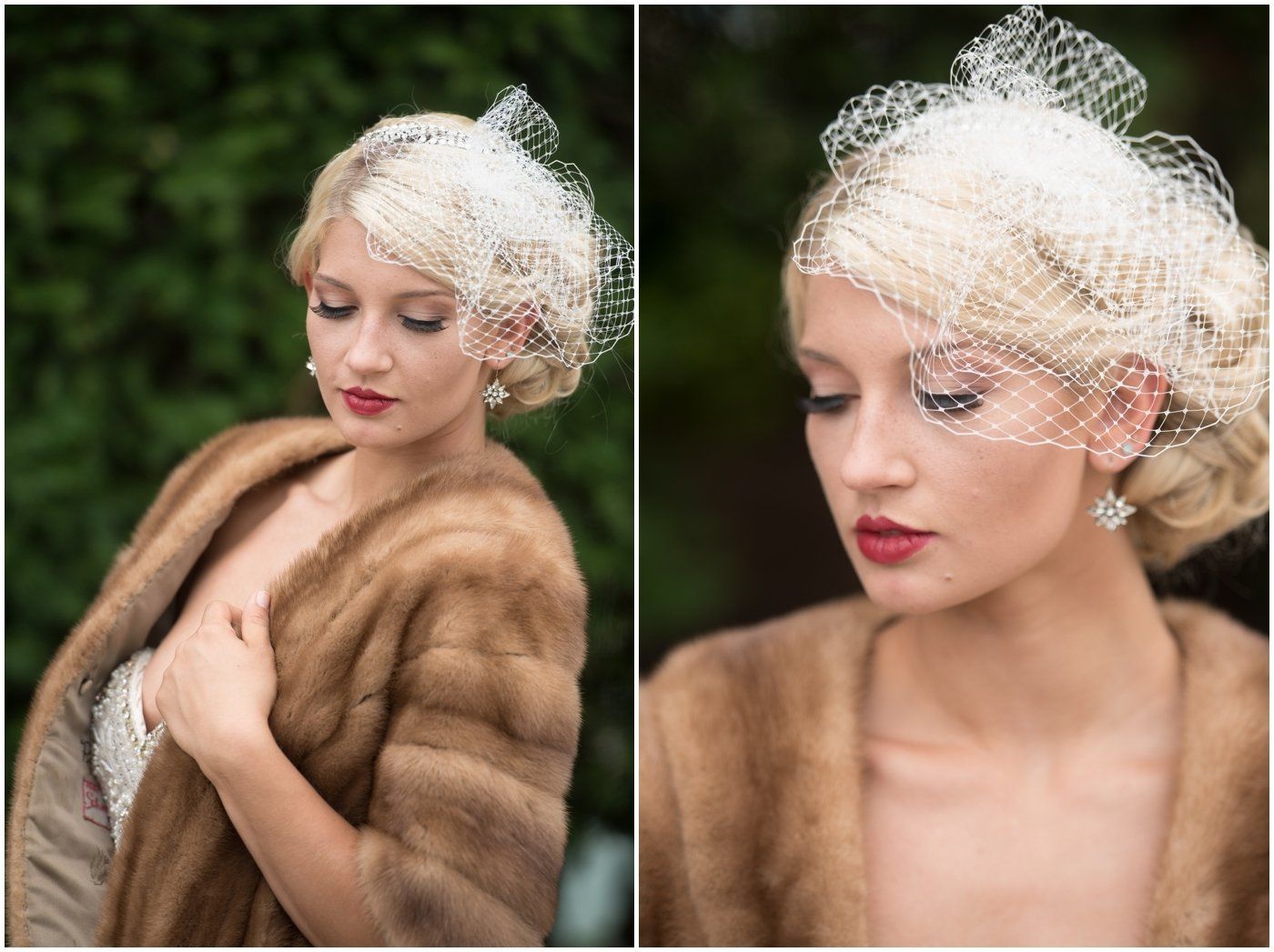 Portrait of a blonde woman in a fur wrap and white veil, shown in side-by-side close-ups outdoors