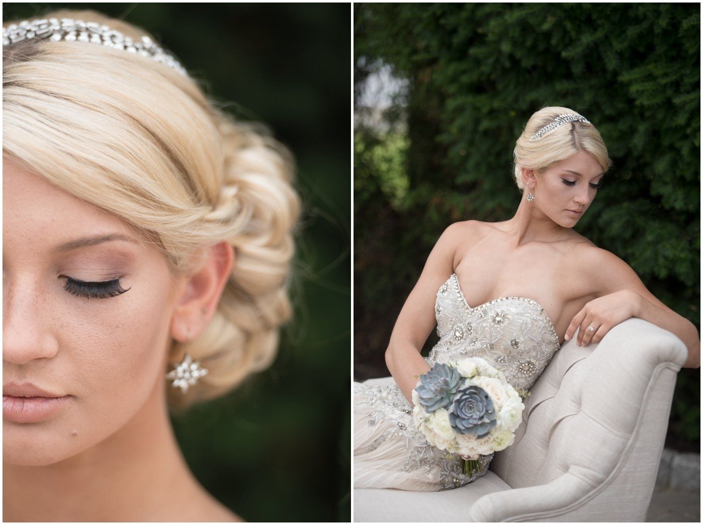 Bride in a white gown with pearl headband, holding a bouquet on a cream chair; close-up at left.