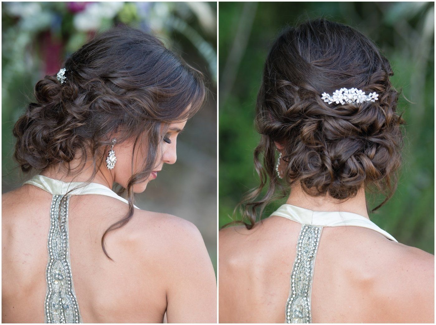 Bride’s dark curly updo with jeweled hairpiece, shown from back and side against a blurred garden background