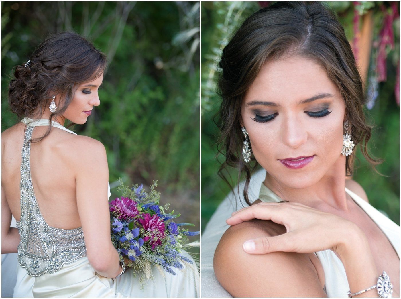 Bridal portrait collage: woman in silver gown with bouquet, showing back and close-up with soft makeup.