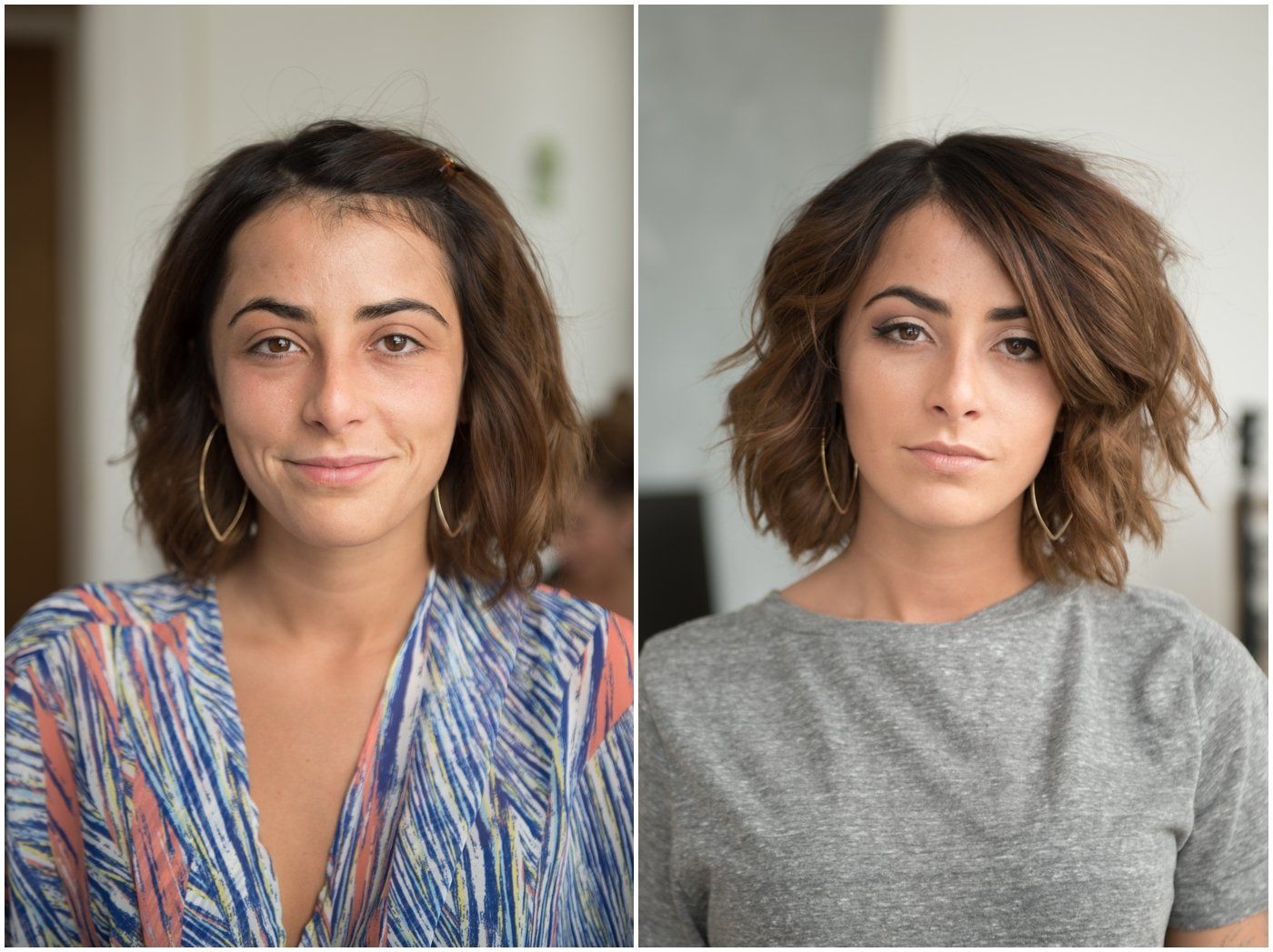 Side-by-side portrait of the same woman with different hairstyles and tops on a neutral background